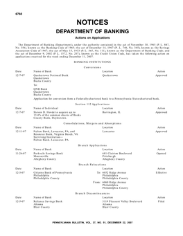 NOTICES DEPARTMENT of BANKING Actions on Applications