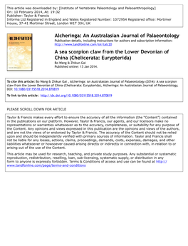 A Sea Scorpion Claw from the Lower Devonian of China (Chelicerata: Eurypterida) Bo Wang & Zhikun Gai Published Online: 13 Jan 2014