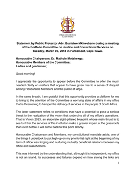 Statement by Public Protector Adv. Busisiwe Mkhwebane