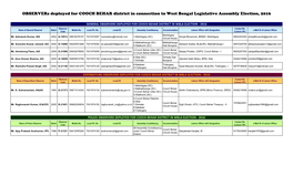 Observers Deployed for COOCH BEHAR District in Connection to West Bengal Legislative Assembly Election, 2016