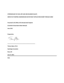 Hydrogeology of Cave, Dry Lake and Delamar Valleys