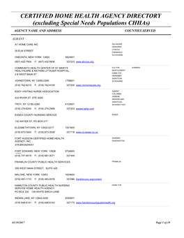 CERTIFIED HOME HEALTH AGENCY DIRECTORY (Excluding Special Needs Populations Chhas) AGENCY NAME and ADDRESS COUNTIES SERVED