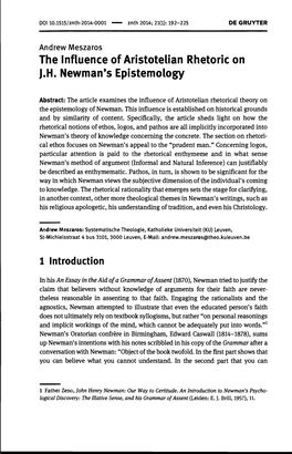 The Influence of Aristotelian Rhetoric on J.H. Newman's Epistemology 1