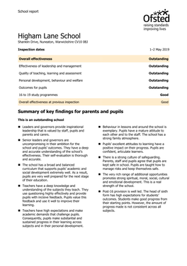 Higham Lane School Shanklin Drive, Nuneaton, Warwickshire CV10 0BJ