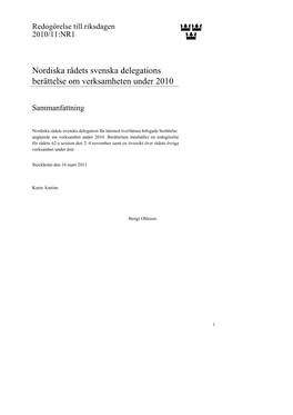 Nordiska Rådets Svenska Delegations Berättelse Om Verksamheten Under 2010