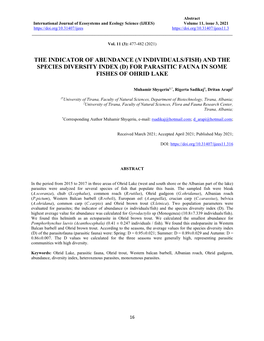 And the Species Diversity Index (D) for Parasitic Fauna in Some Fishes of Ohrid Lake