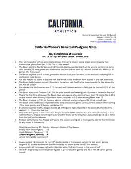 California Women's Basketball Postgame Notes