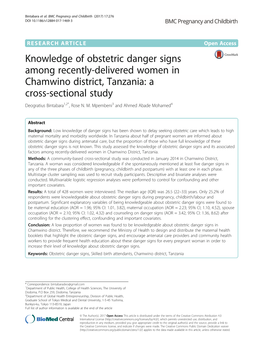 Knowledge of Obstetric Danger Signs Among Recently-Delivered Women in Chamwino District, Tanzania: a Cross-Sectional Study Deogratius Bintabara1,2*, Rose N