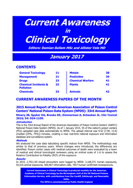 Current Awareness in Clinical Toxicology Editors: Damian Ballam Msc and Allister Vale MD