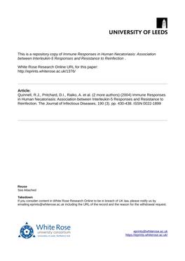 Immune Responses in Human Necatoriasis: Association Between Interleukin-5 Responses and Resistance to Reinfection