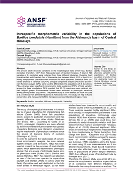 Intraspecific Morphometric Variability in the Populations of Barilius Bendelisis (Hamilton) from the Alaknanda Basin of Central Himalaya