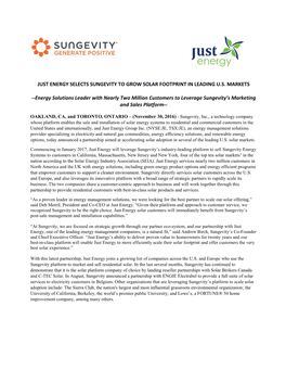 Just Energy Selects Sungevity to Grow Solar Footprint in Leading U.S