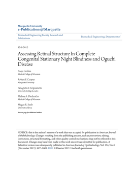 Assessing Retinal Structure in Complete Congenital Stationary Night Blindness and Oguchi Disease Pooja Godara Medical College of Wisconsin