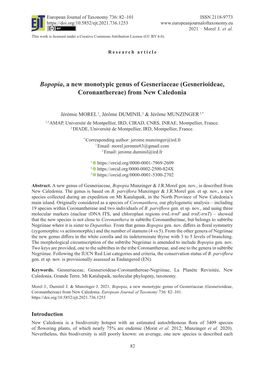 Bopopia, a New Monotypic Genus of Gesneriaceae (Gesnerioideae, Coronanthereae) from New Caledonia