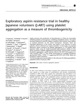 Exploratory Aspirin Resistance Trial in Healthy Japanese Volunteers (J-ART) Using Platelet Aggregation As a Measure of Thrombogenicity