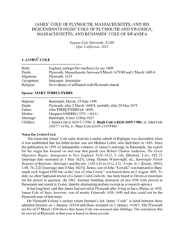 James1 Cole of Plymouth, Massachusetts, and His Descendants Hugh2 Cole of Plymouth and Swansea, Massachusetts, and Benjamin3 Cole of Swansea