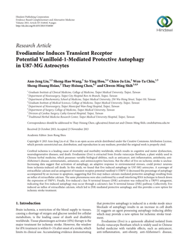 Research Article Evodiamine Induces Transient Receptor Potential Vanilloid-1-Mediated Protective Autophagy in U87-MG Astrocytes