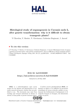 Histological Study of Organogenesis in Cucumis Melo L. After Genetic Transformation: Why Is It Diﬀicult to Obtain Transgenic Plants? V Chovelon, V