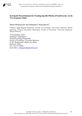 Systematic Desensitization for Treating Specific Phobia of Earthworms: an in Vivo Exposure Study Martin Herdiansyaha and Nathana