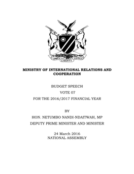 Budget Speech Vote 07 for the 2016/2017 Financial Year by Hon