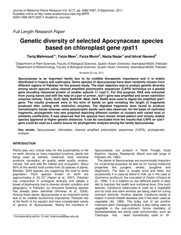 Genetic Diversity of Selected Apocynaceae Species Based on Chloroplast Gene Rps11