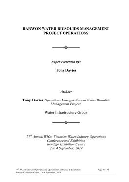 Barwon Water Biosolids Management Project Operations