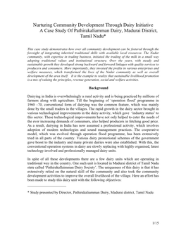 Nurturing Community Development Through Dairy Initiative a Case Study of Pathirakaliamman Dairy, Madurai District, Tamil Nadu*