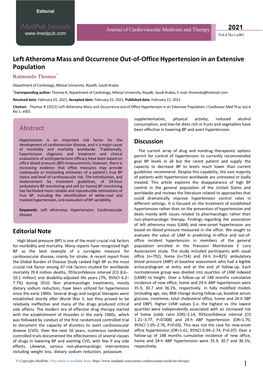 Left Atheroma Mass and Occurrence Out-Of-Office Hypertension in an Extensive Population Raimondo Thomas*