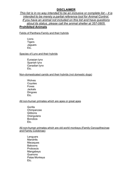 Prohibited and Regulated Animals List