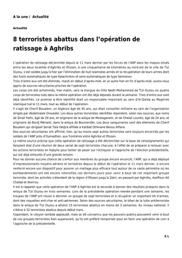 8 Terroristes Abattus Dans L'opération De Ratissage À Aghribs : Toute L