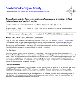 Mineralization of the Luis Lopez Epithermal Manganese Deposits in Light of Fluid Inclusion and Geologic Studies David I