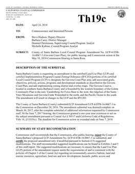 Gaviota Coast Plan), for Public Hearing and Commission Action at the May 10, 2018 Commission Hearing in Santa Rosa