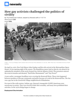 How Gay Activists Challenged the Politics of Civility by the Smithsonian Institute, Adapted by Newsela Staff on 11.07.19 Word Count 1,036 Level 1040L