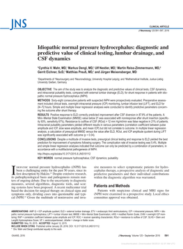 Idiopathic Normal Pressure Hydrocephalus: Diagnostic and Predictive Value of Clinical Testing, Lumbar Drainage, and CSF Dynamics