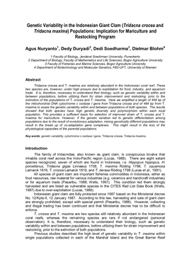 Genetic Variability in the Indonesian Giant Clam (Tridacna Crocea and Tridacna Maxima) Populations: Implication for Mariculture and Restocking Program