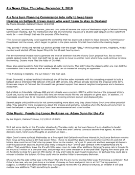 A's News Clips, Thursday, December 2, 2010 A's Fans Turn Planning