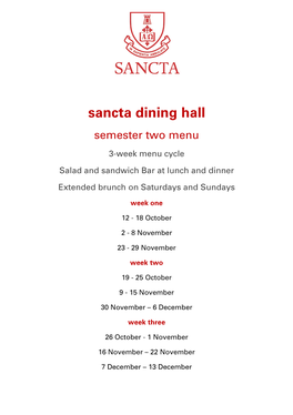 Sancta Dining Hall Semester Two Menu