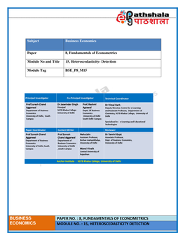 Business Economics Paper No. : 8, Fundamentals of Econometrics Module No. : 15, Heteroscedasticity Detection