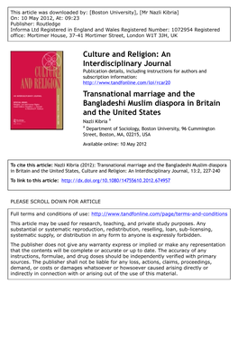 Transnational Marriage and the Bangladeshi Muslim Diaspora In
