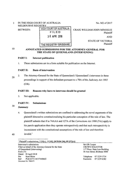3 0 APR 2018 and STATE of VICTORIA the REGISTRY BRISBANE Plaintiff 10 ANNOTATED SUBMISSIONS for the ATTORNEY-GENERAL for the STATE of QUEENSLAND (INTERVENING)