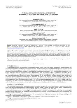 Natural Recreation Potential of the West Kazakhstan Region of the Republic of Kazakhstan