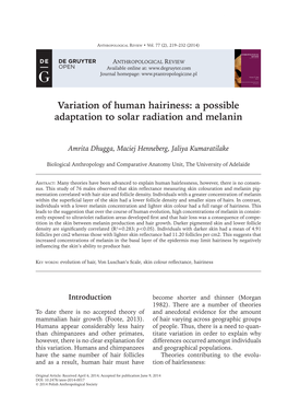 Variation of Human Hairiness: a Possible Adaptation to Solar Radiation and Melanin