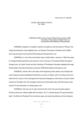 A RESOLUTION to Honor Coach Phillip Fulmer and the 1998 University of Tennessee Football Team on Winning the NCAA National Championship