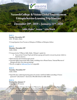 Nazareth College & Visions Global Empowerment Ethiopia Service-Learning Trip Itinerary December 29Th, 2019 – January 11Th