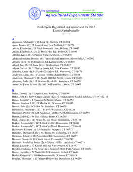 Beekeepers Registered in Connecticut for 2017 Listed Alphabetically