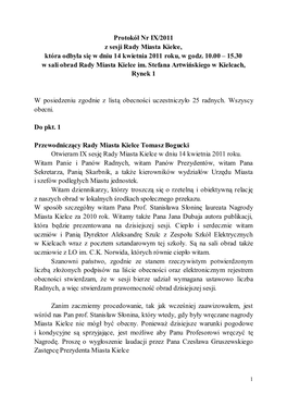 Protokół Nr IX/2011 Z Sesji Rady Miasta Kielce, Która Odbyła Si Ę W Dniu 14 Kwietnia 2011 Roku, W Godz