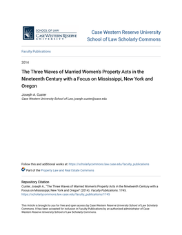 The Three Waves of Married Women's Property Acts in the Nineteenth Century with a Focus on Mississippi, New York and Oregon