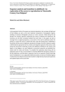 Sequence Analysis and Transition to Adulthood: an Exploration of the Access to Reproduction in Nineteenth-Century East Belgium in Ph