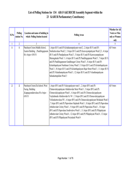 List of Polling Stations for 134 ARAVAKURICHI Assembly Segment Within the 23 KARUR Parliamentary Constituency