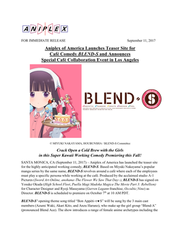 Aniplex of America Launches Teaser Site for Café Comedy BLEND-S and Announces Special Café Collaboration Event in Los Angeles